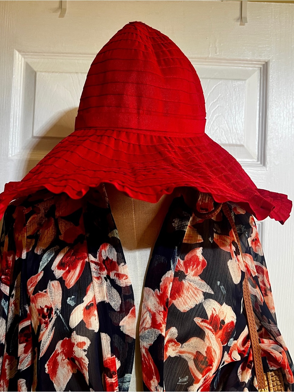 Vintage 90s Papillion Wms Red Ruffle Boho Cottagecore Retro Glam Sun Hat - Picture 4 of 9